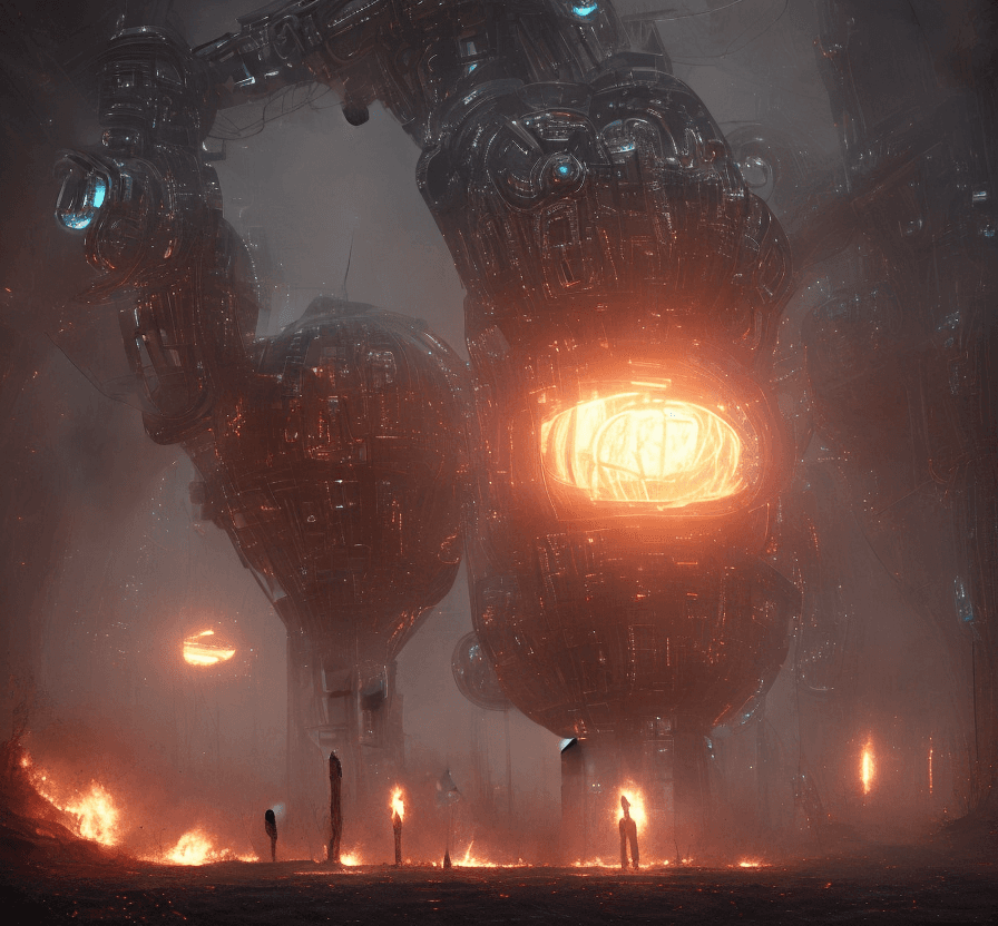 AI generated: 2 huge iron Mech are walking thru the big fire   in the tight  corridor  in a futuristic Alien space...