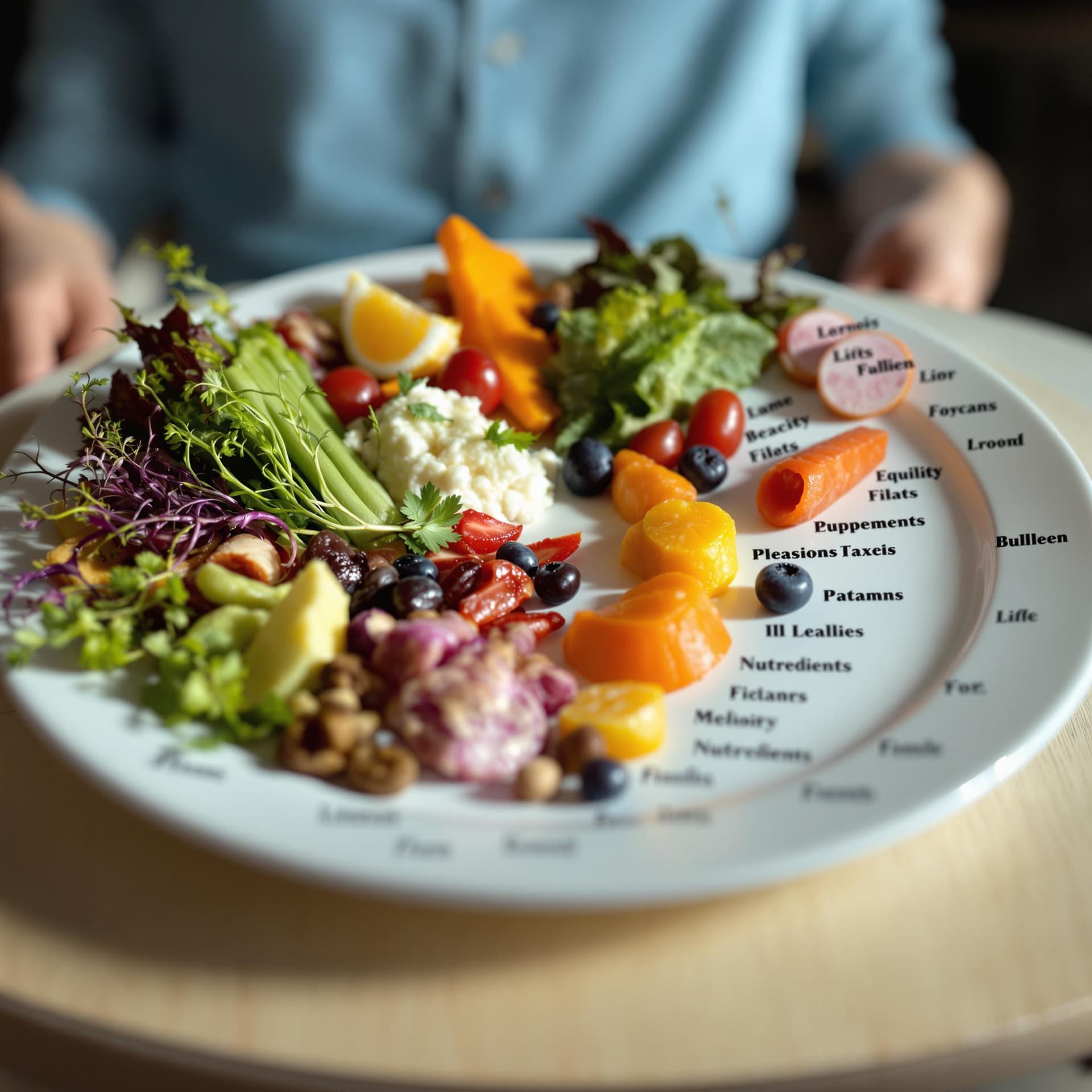 AI generated: A balanced plate with labeled nutrients dslr, ultra quality, sharp focus, tack sharp, dof, film grai...