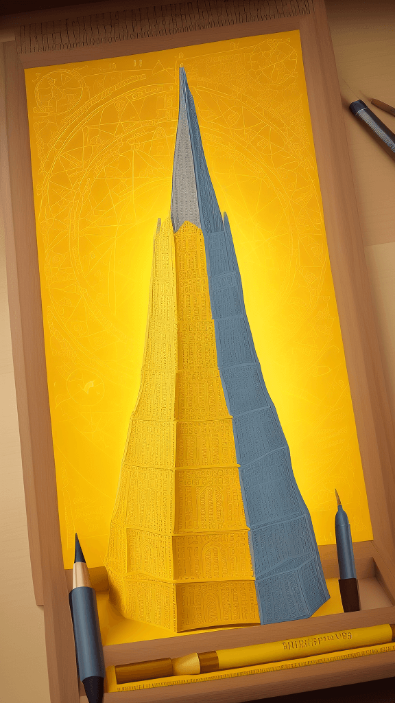 AI generated: Craft a vibrant representation of The Tower of Math in golden yellow. Incorporate numbers and equati...
