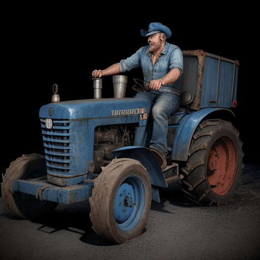 AI generated: Blue tractor man sings into a microphone, old metal, on black background, cinematic, hyper realism, ...