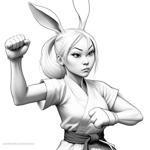 AI generated: sketch, no color, cartoon, line art, 2D, rabbit woman, monk, martial arts punch