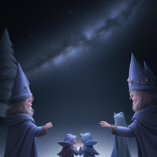 AI generated: In the land of stars, small stars twinkled and greeted the Starlight Wizard and his friends with son...