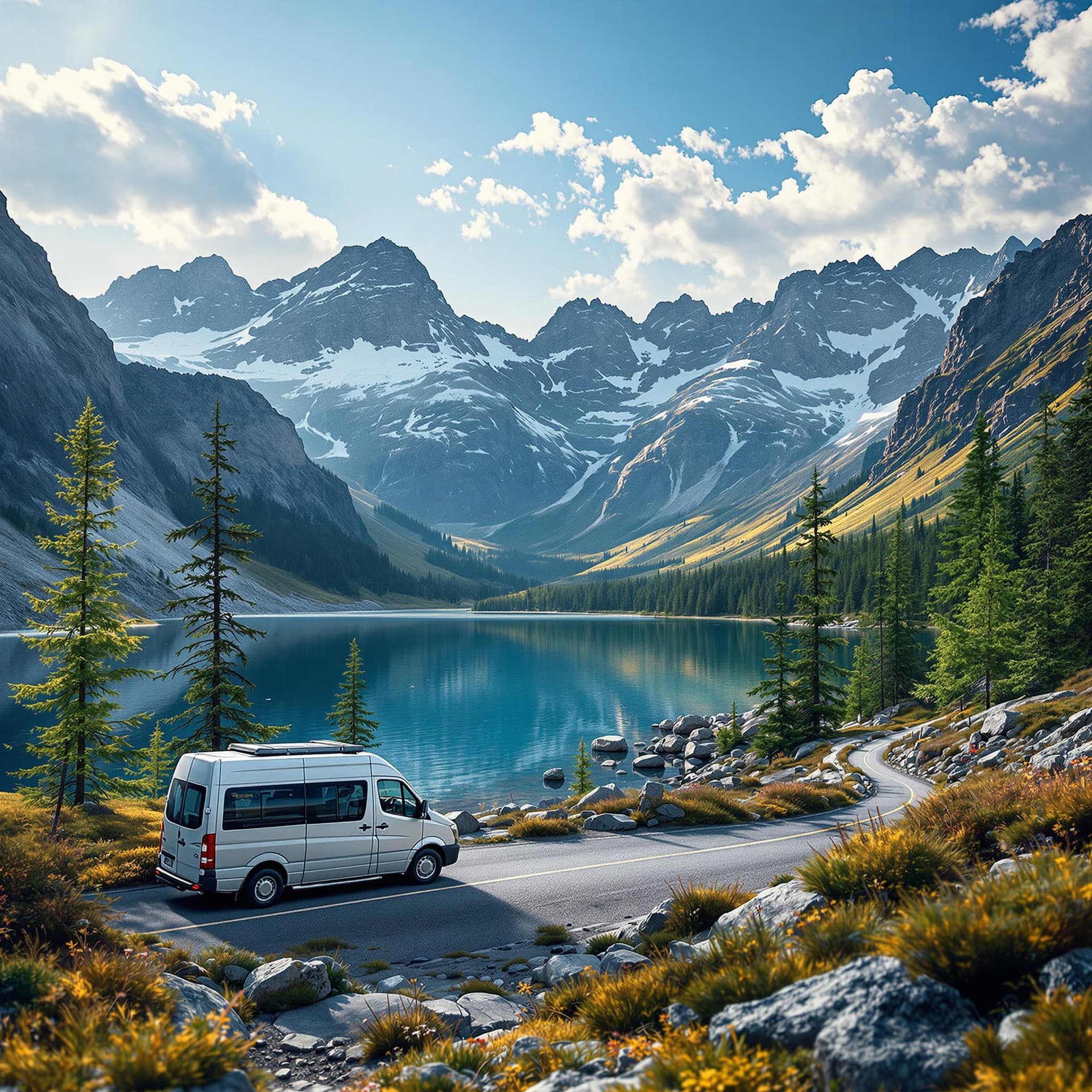 AI generated: A map with a highlighted scenic route and van parked by a lake. dslr, ultra quality, sharp focus, ta...