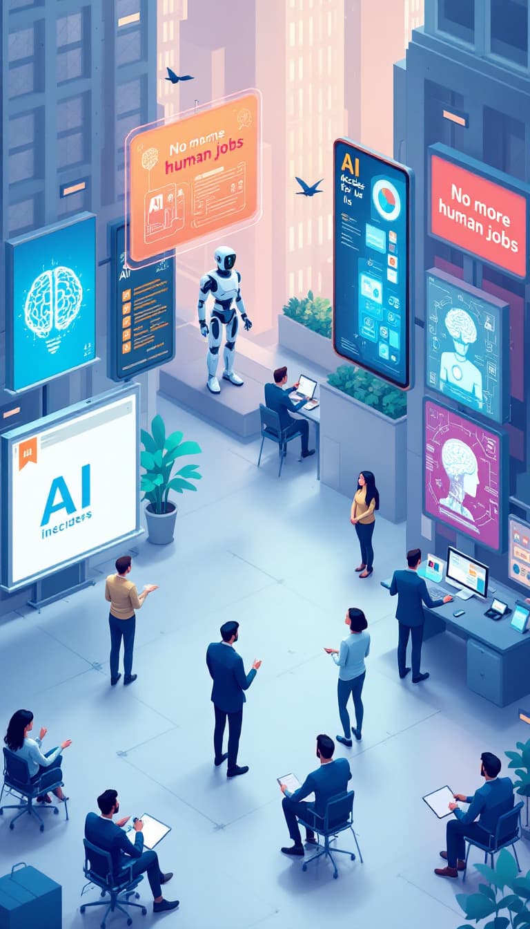 AI generated: A realistic digital illustration showing common misconceptions about Artificial Intelligence. Depict...