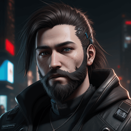 AI generated: Young, short beard, unmasked, cyberpunk, outdoor, street, black, hair brown, hyperrealism, photoreal...