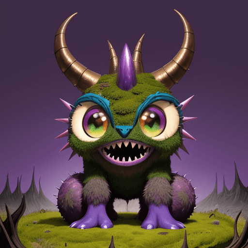 AI generated:  cartoon of a colorful creature, big eyes and big teeth, big horns, light bronze and purple schema, ...