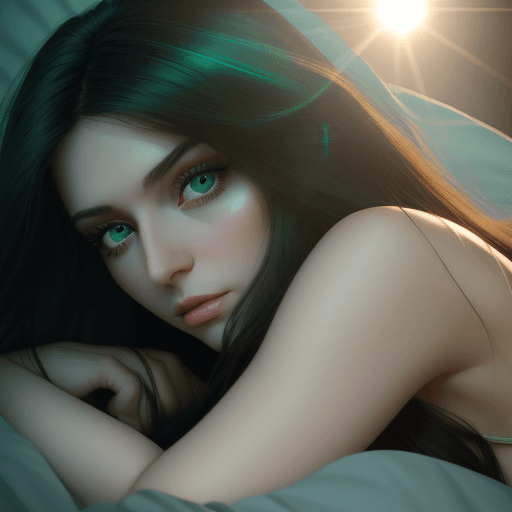 AI generated: a woman with long dark hair laying in bed, green eyes, in the style of yigal ozeri, anamorphic lens ...