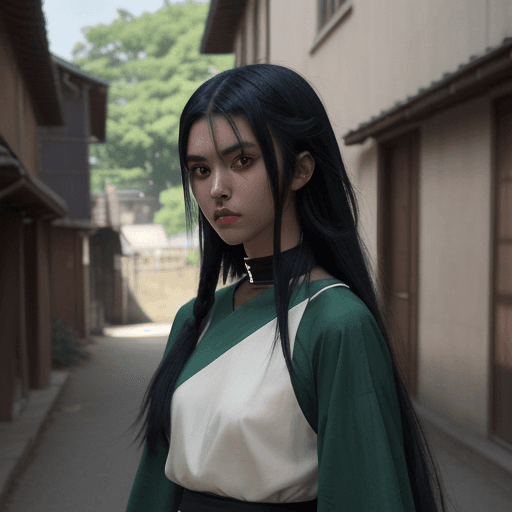 AI generated: bauhaus style clothe, big clothes, cool anime style, character, village center background, medieval ...
