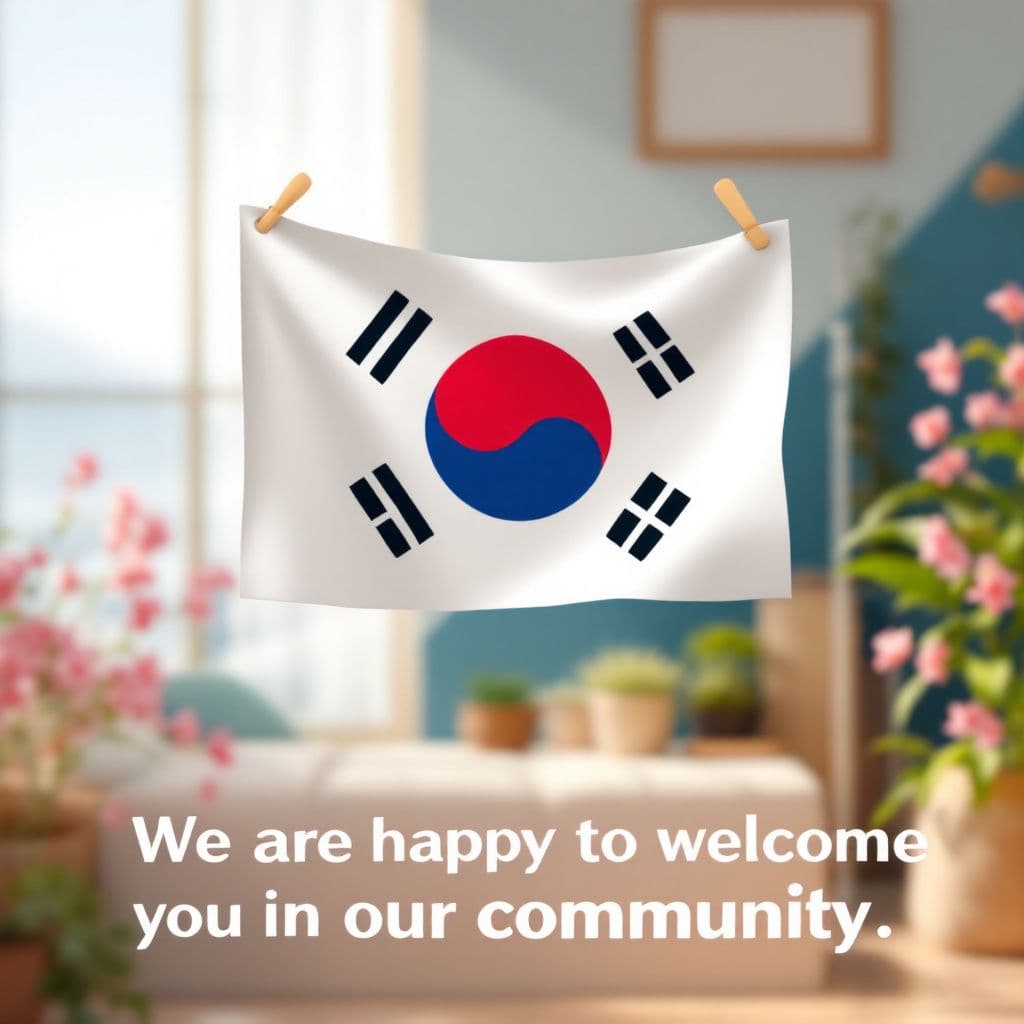 AI generated: "A welcoming scene with the flag of South Korea prominently displayed in the background. The text 'W...