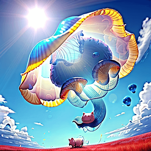 AI generated: Pig riding a giant flying jelly fish over a blue orb in a giant clams open mouth, no people, bright ...