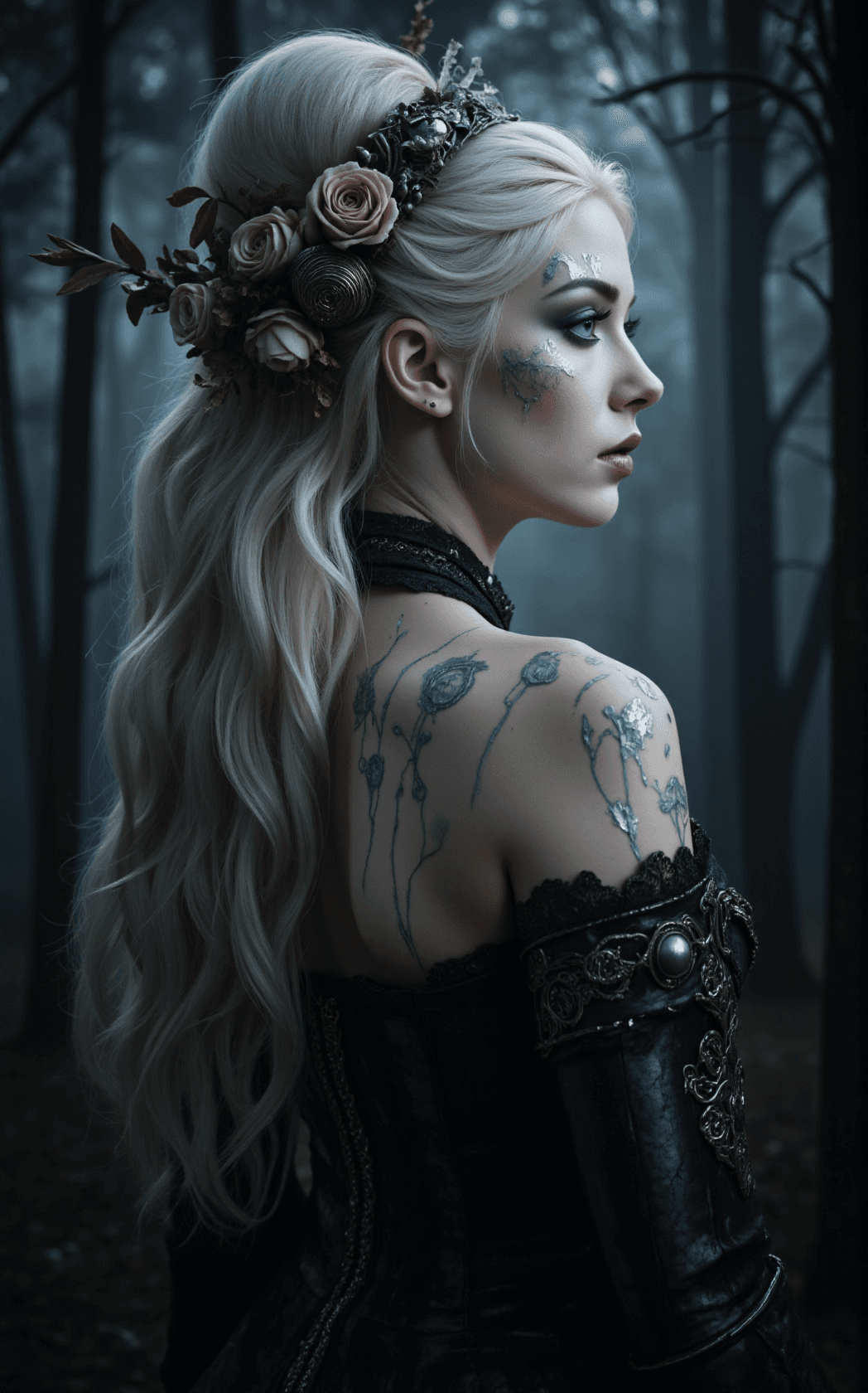 AI generated: A dark fantasy painted portrait of a high gothic fae queen in three-quarter profile, her pale platin...