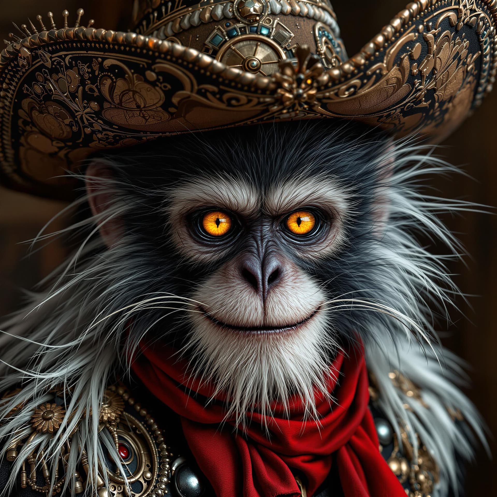 AI generated: ultra realistic photo, steam punk style character portrait, male black and white fur anamorphic spid...