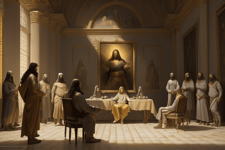 AI generated: breathtaking soft painting of the interrogation of Jesus Christ in the palace of Pontius Pilate, a g...