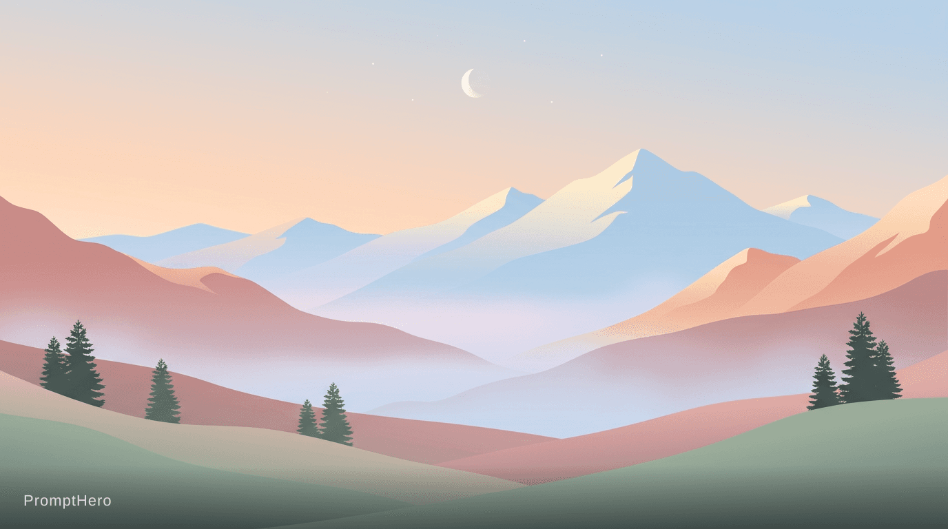 AI generated: minimalist mountain landscape, soft pastel colors, misty valleys, calm and peaceful