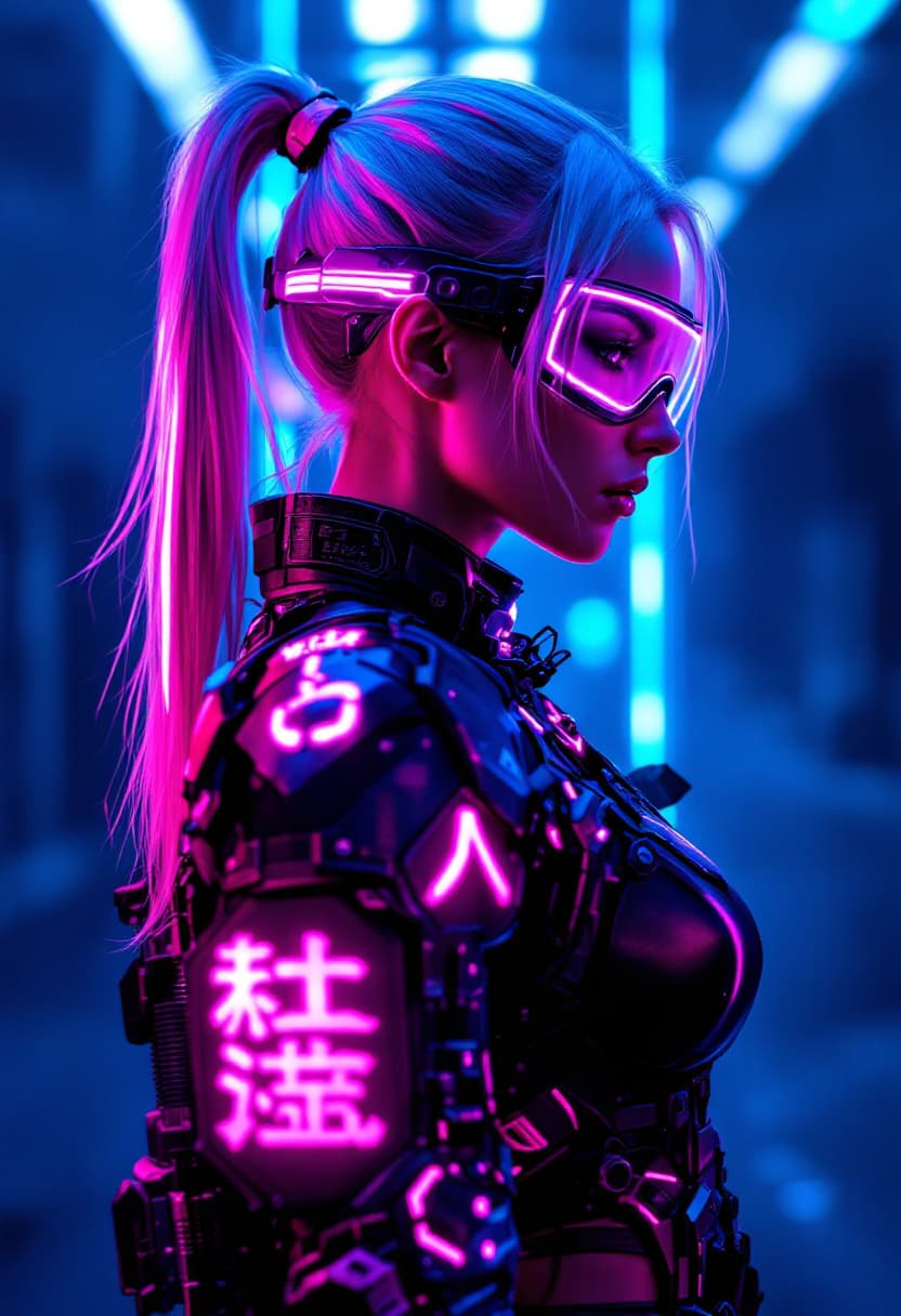 AI generated: 
Cyberpunk female warrior, Asian, 20s,  profile view,  pale skin,  shoulder-length light grayish-whi...