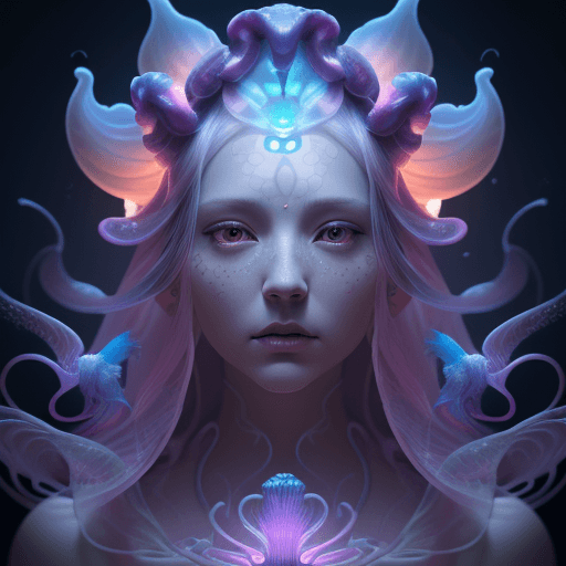 AI generated: Goddess close-up portrait ribcagel. jellyfish phoenix head, nautilus, orchid, skull, betta fish, bio...