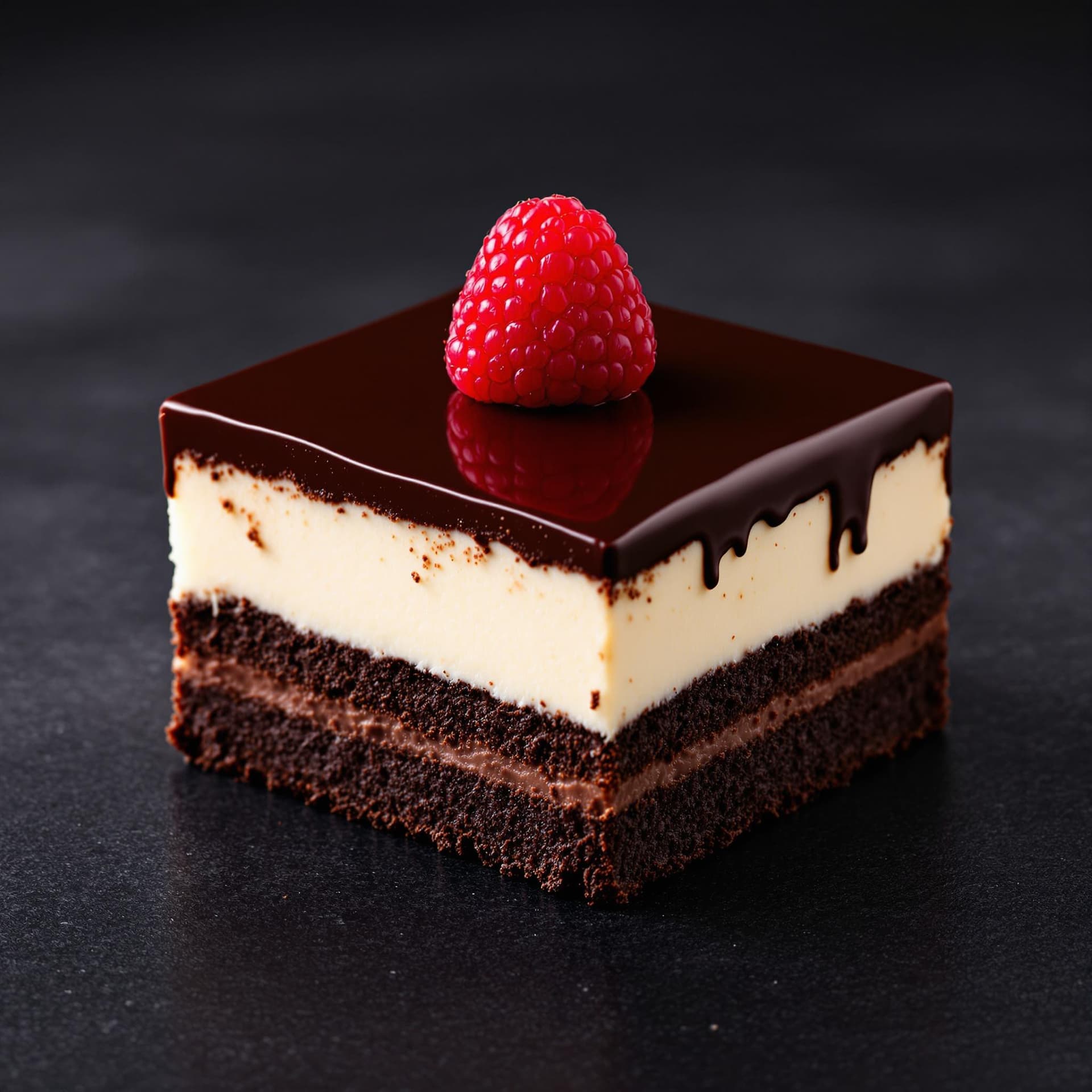 AI generated: The image features a square piece of layered dessert, prominently displayed against a dark, blurred ...