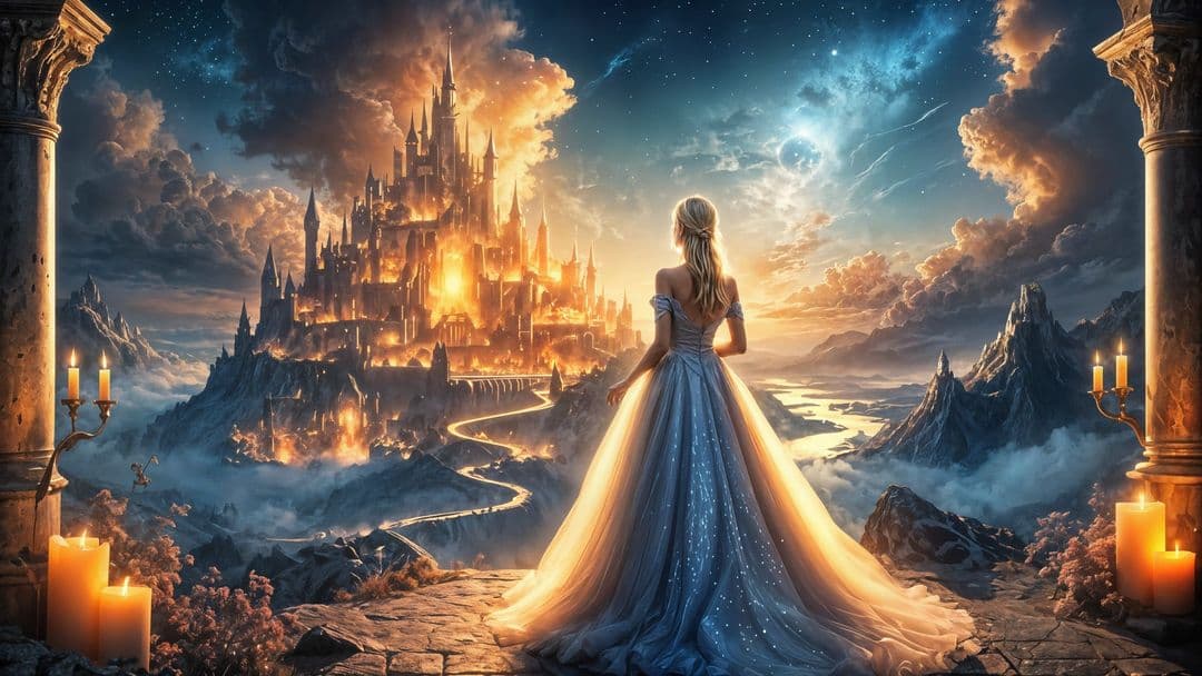 AI generated: Rear view of a young blonde woman standing in a luminous silver gown, gazing towards an enormous, my...