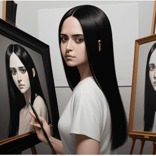 AI generated: woman with black, straight hair, bright black eyes, white skin, wearing a white shirt, the brush str...