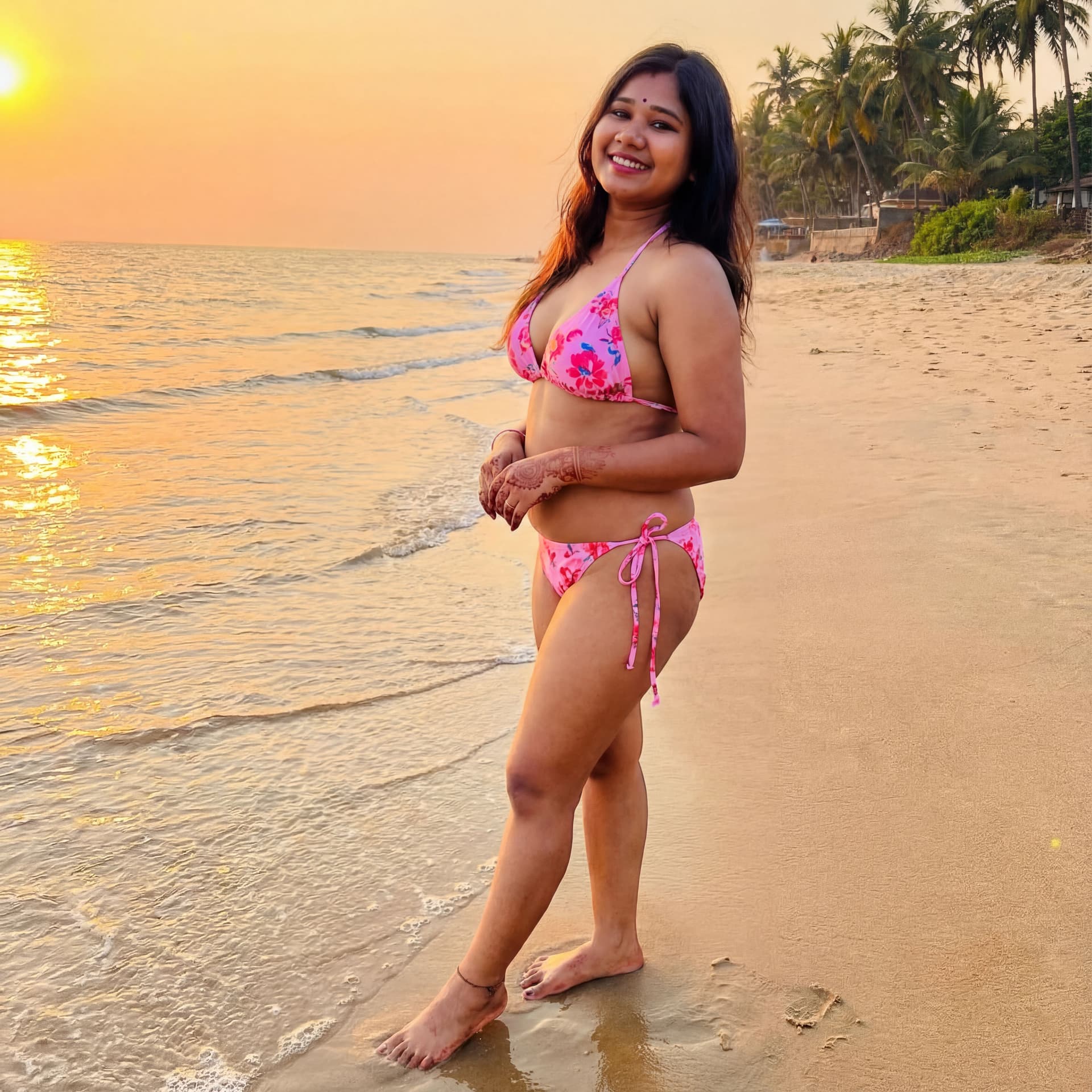 AI generated: Create a image with 4k realistic full body showoff pink bikini sea beach location weight 45kg 5feet ...