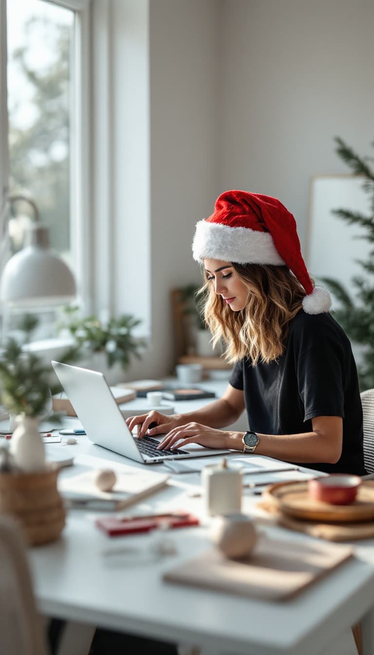 AI generated: modern, minimalist workspace, focused designer woman at a white desk, wearing santa claus hat, Chris...