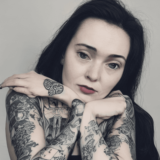 AI generated: a woman in black shirt with her arms folded against , in the style of tattoo, normcore, dark silver ...