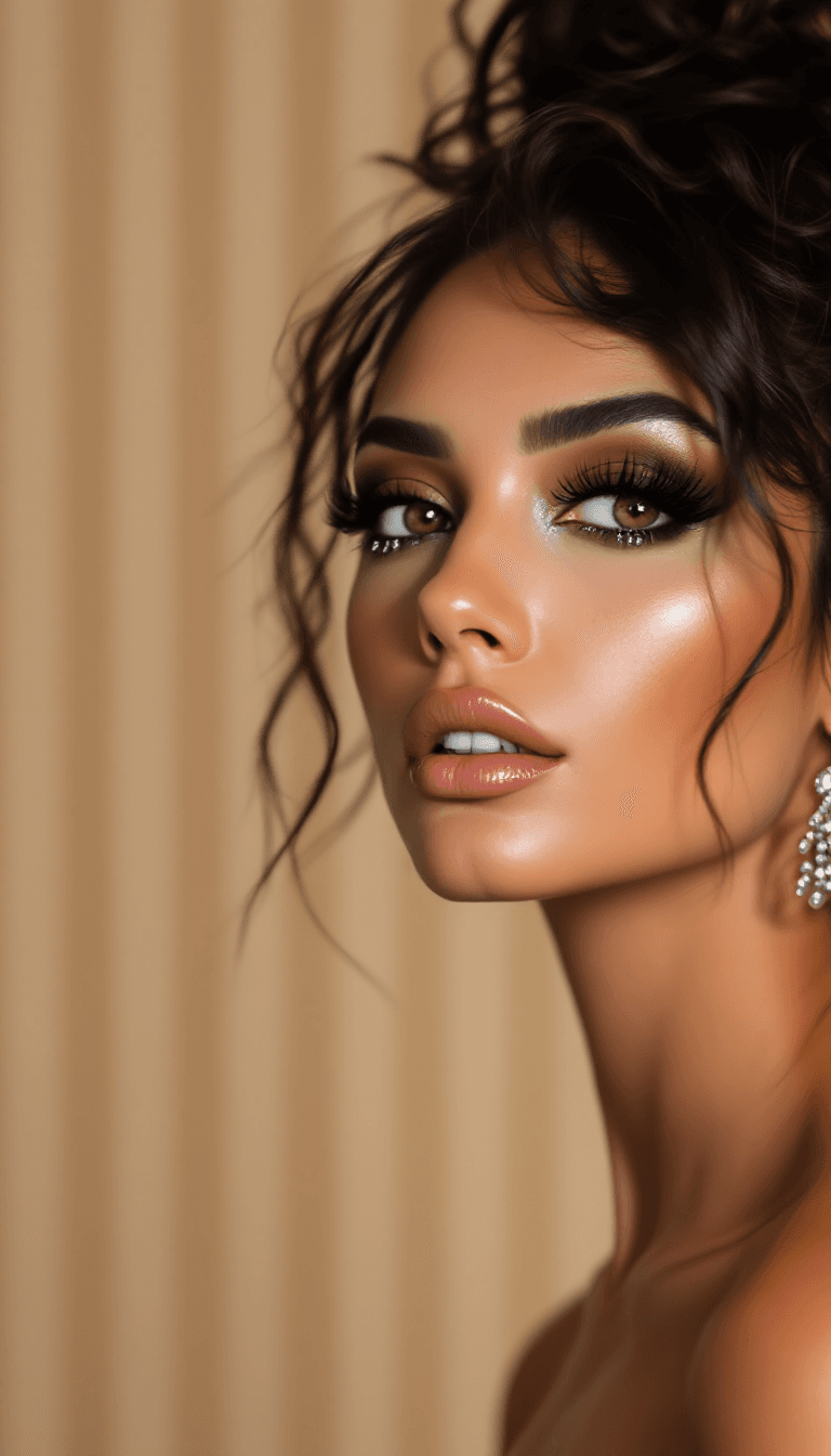 AI generated: a beautiful Brazilian model with a big messy bun, she is looking into the camera, dramatic smoky bla...
