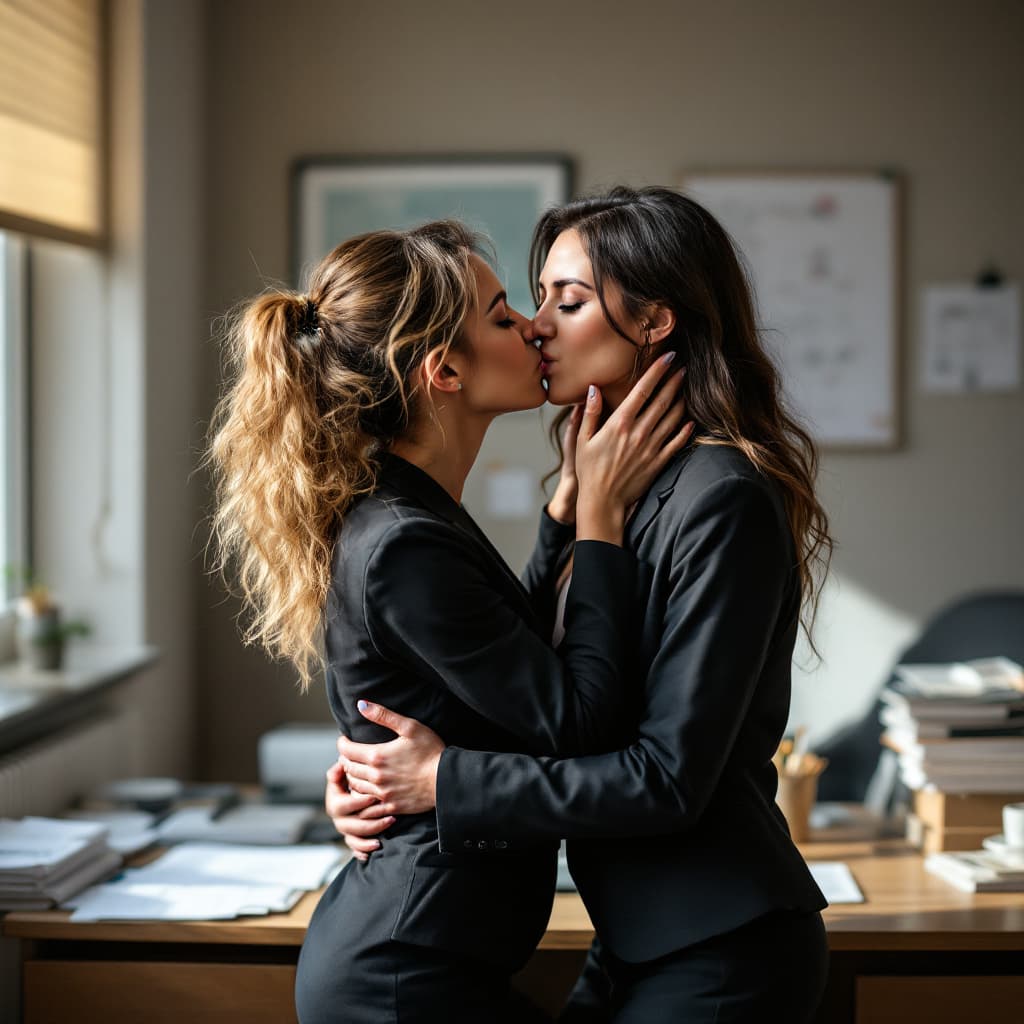 AI generated: Two lesbian women sharing a passionate kiss in an office, standing by a desk. One woman holds the ot...