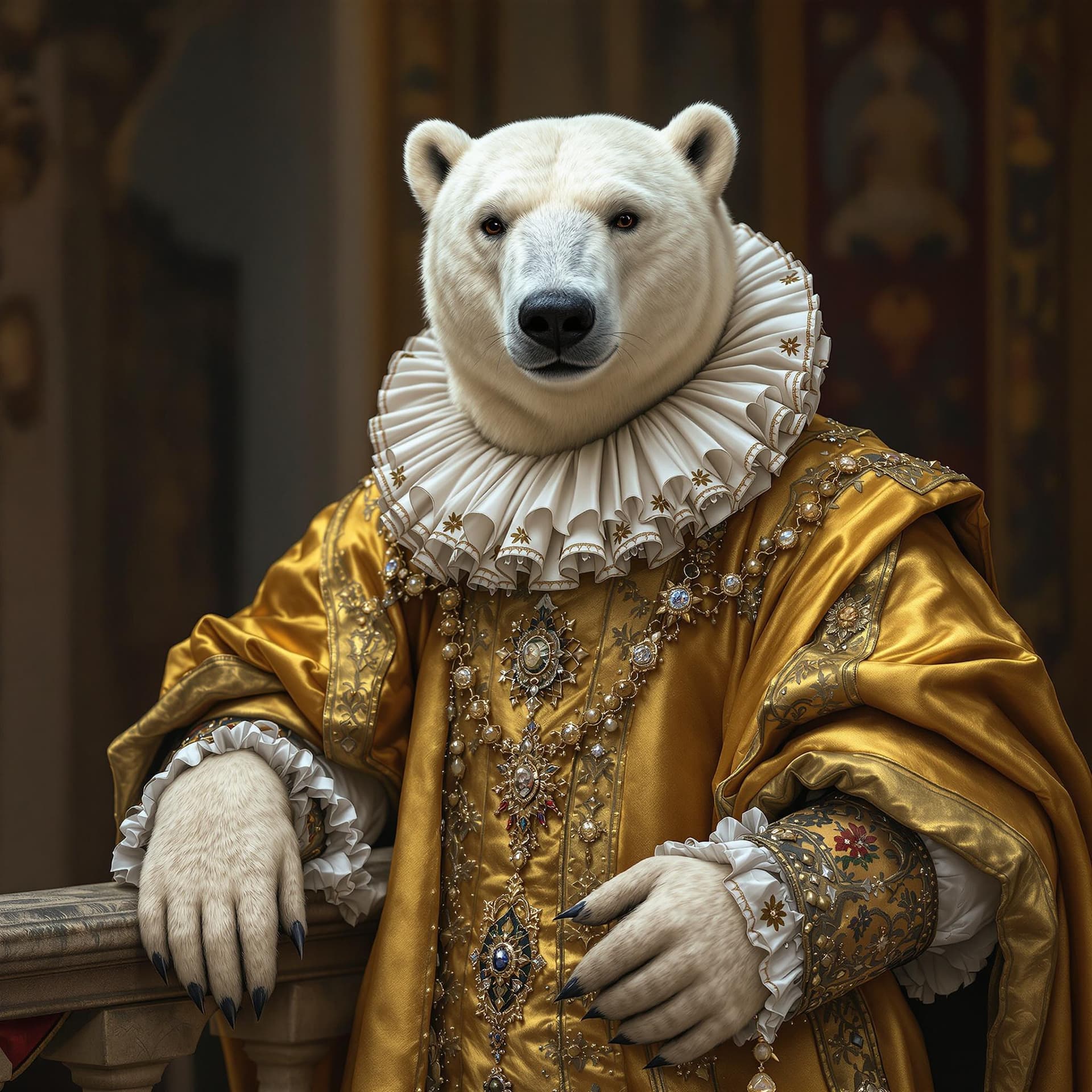 AI generated: polar bear, renaissance costume, ruff collar, golden robe, studio portrait, noble demeanour, detaile...