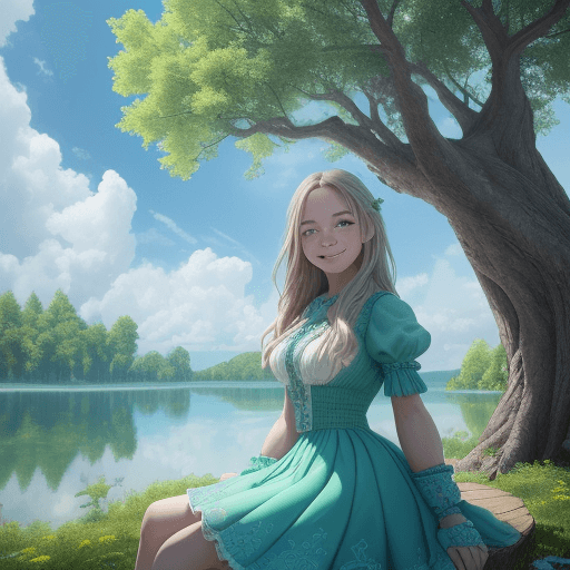 AI generated: girl smile looking at the horizon sitting on the epic tree in the background, clouds bright, tree gr...