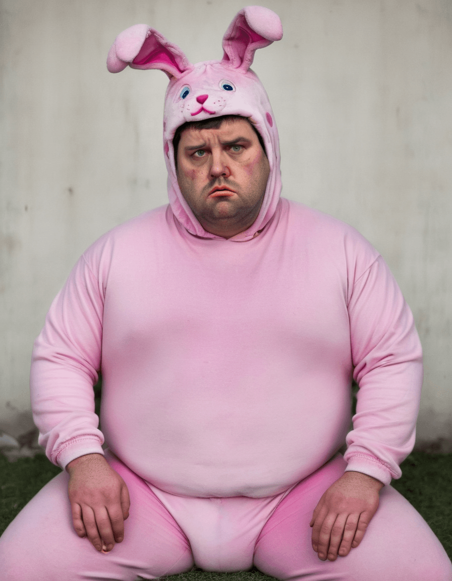 AI generated: sad looking over weight guy in a pink full easter bunny outfit