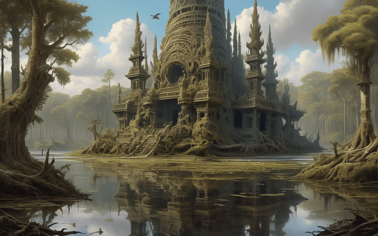 AI generated: forest,swamp,river,sky,a strange monument, a place of worship, traces of a sacrifice, strange symbol...
