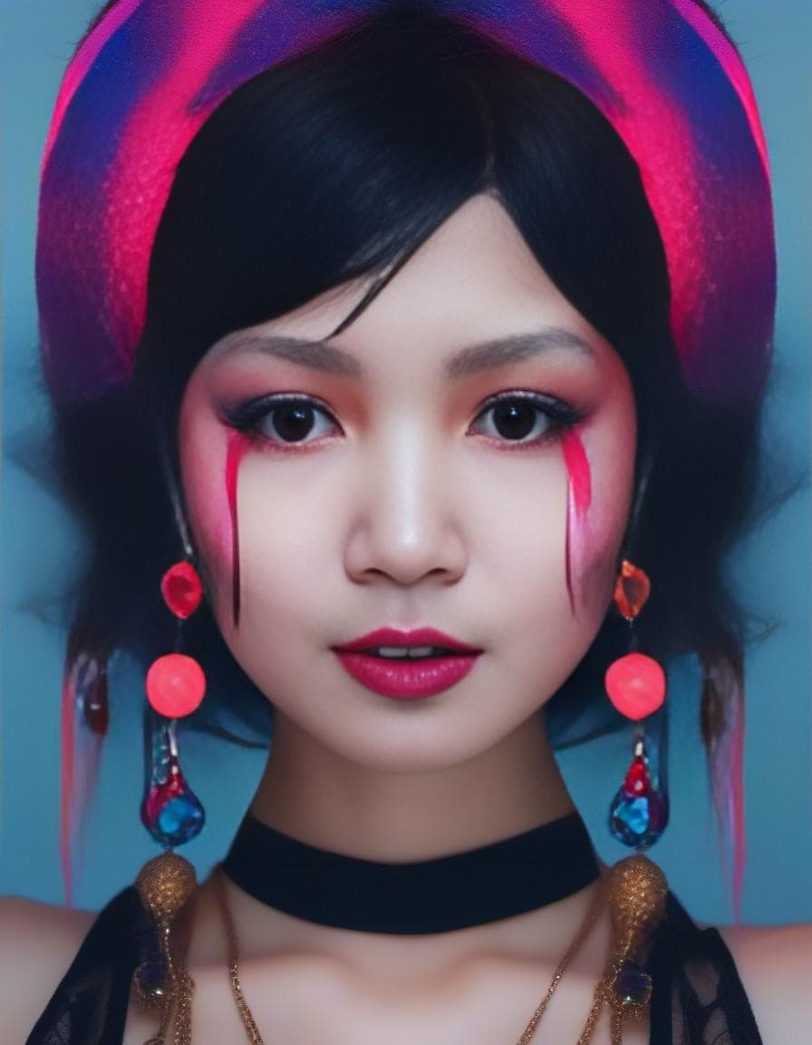 AI generated: Raver girl with a macabre twist. Imagine her as a vibrant mix of darkness and neon, a living contrad...