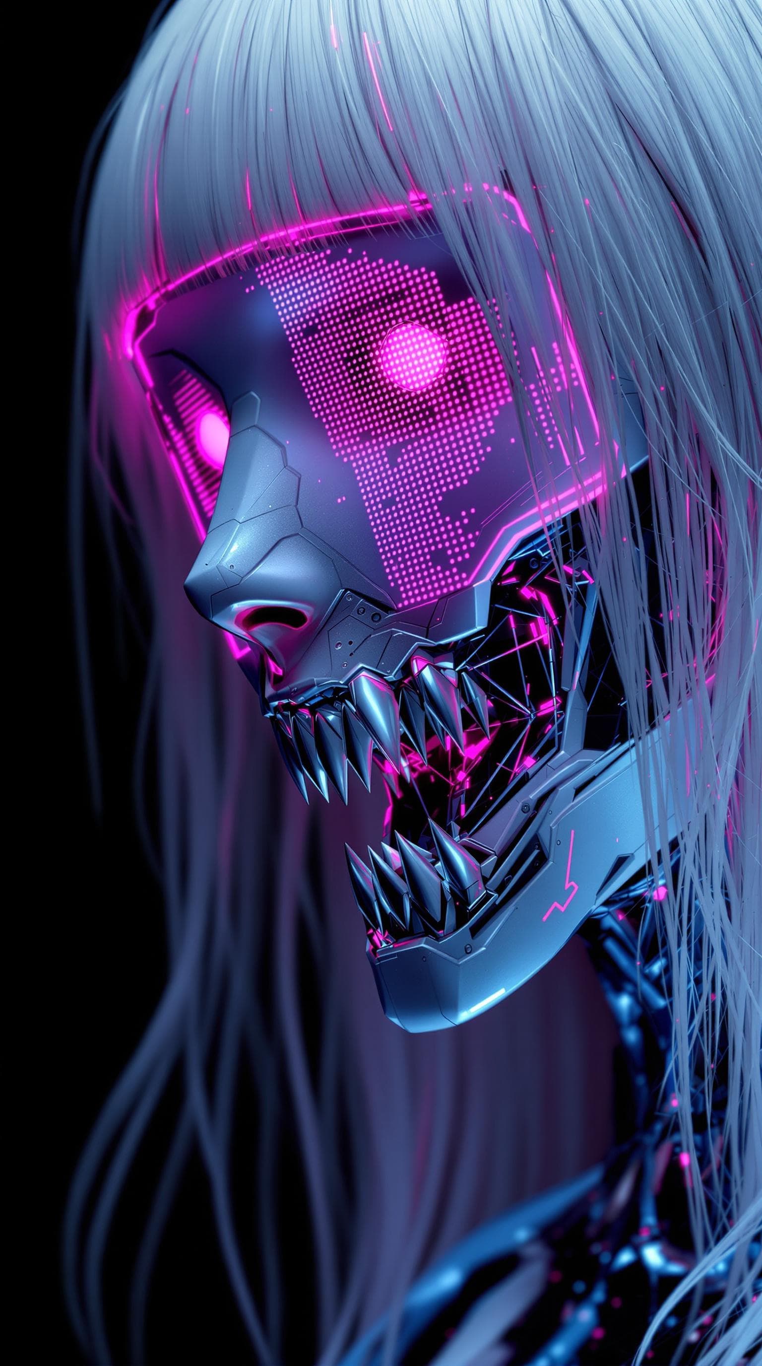 AI generated: robotic woman with long metallic fangs as teeth, with a neon pink holographic screen, long white hai...