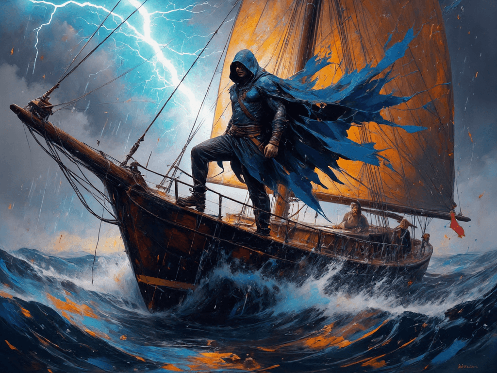 AI generated: Dark fantasy scene, a weathered sailboat is shown in full profile, cutting through a ferocious storm...