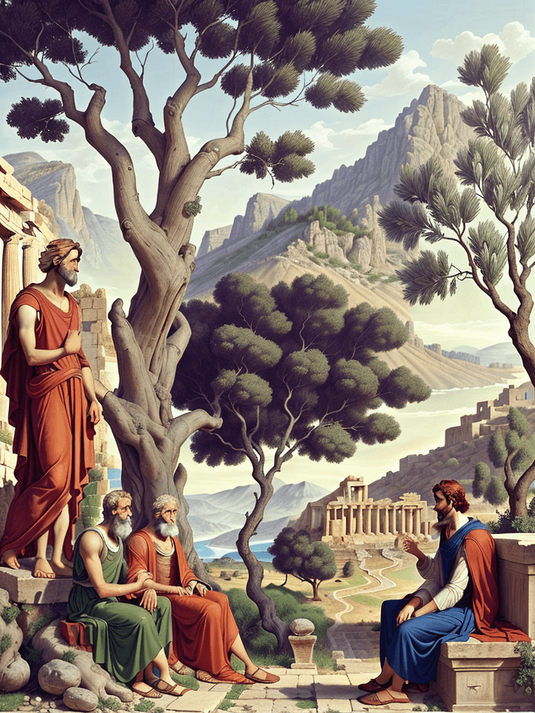 AI generated: Full height side view Portrait of a young philosopher Aristotle talking to an older philosopher Plat...