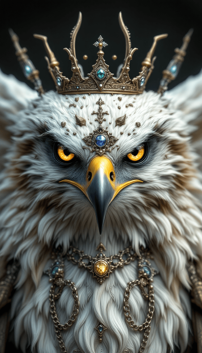 AI generated: Face of a angel hawk, many accessories, detailled, King, face