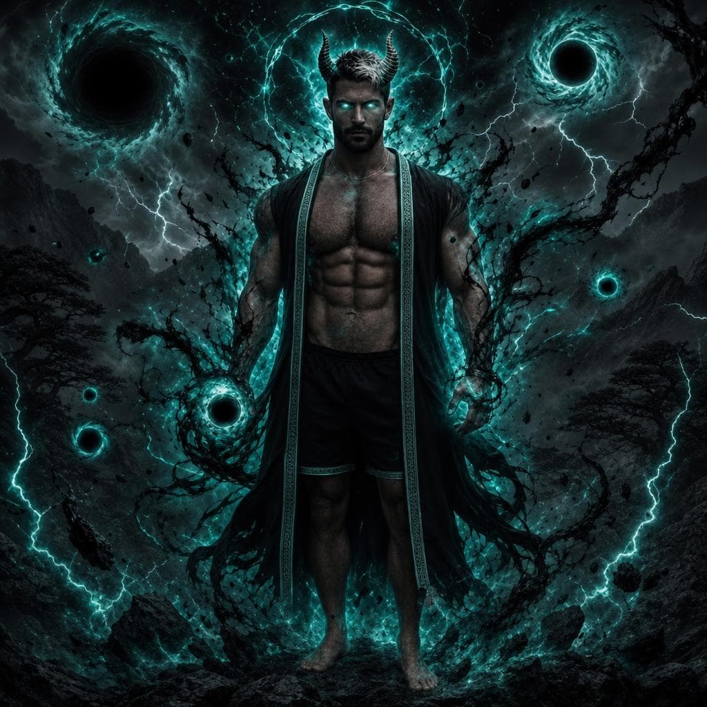 AI generated: make this man emanate a teal god like aura that controls black holes, shadows and black lightning wi...