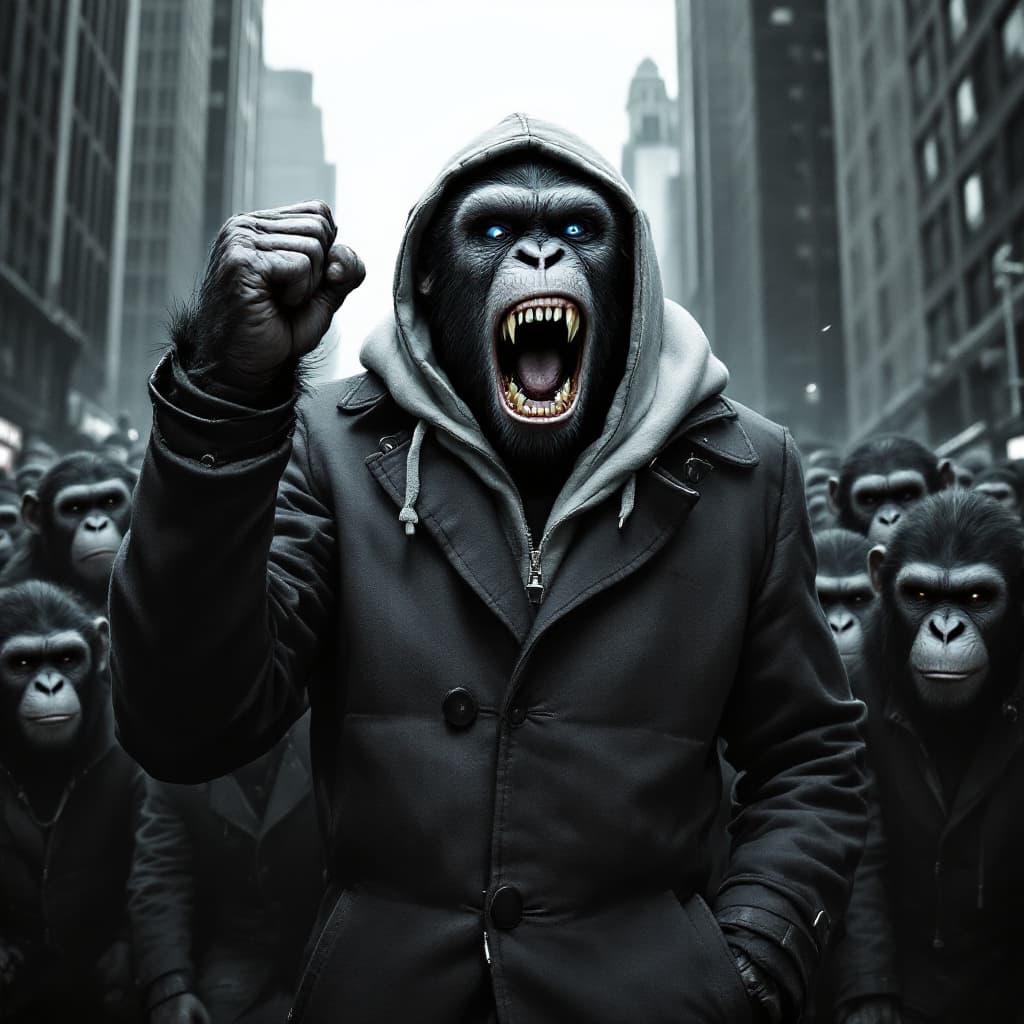 AI generated: An Ape wearing bobber jeans, a hoodie under a sports coat, standing their with his fist raised. One ...