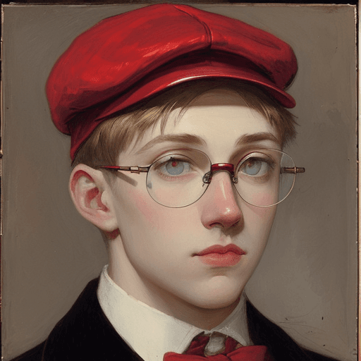 AI generated: Ernest vincent, eye glass
with red cap
