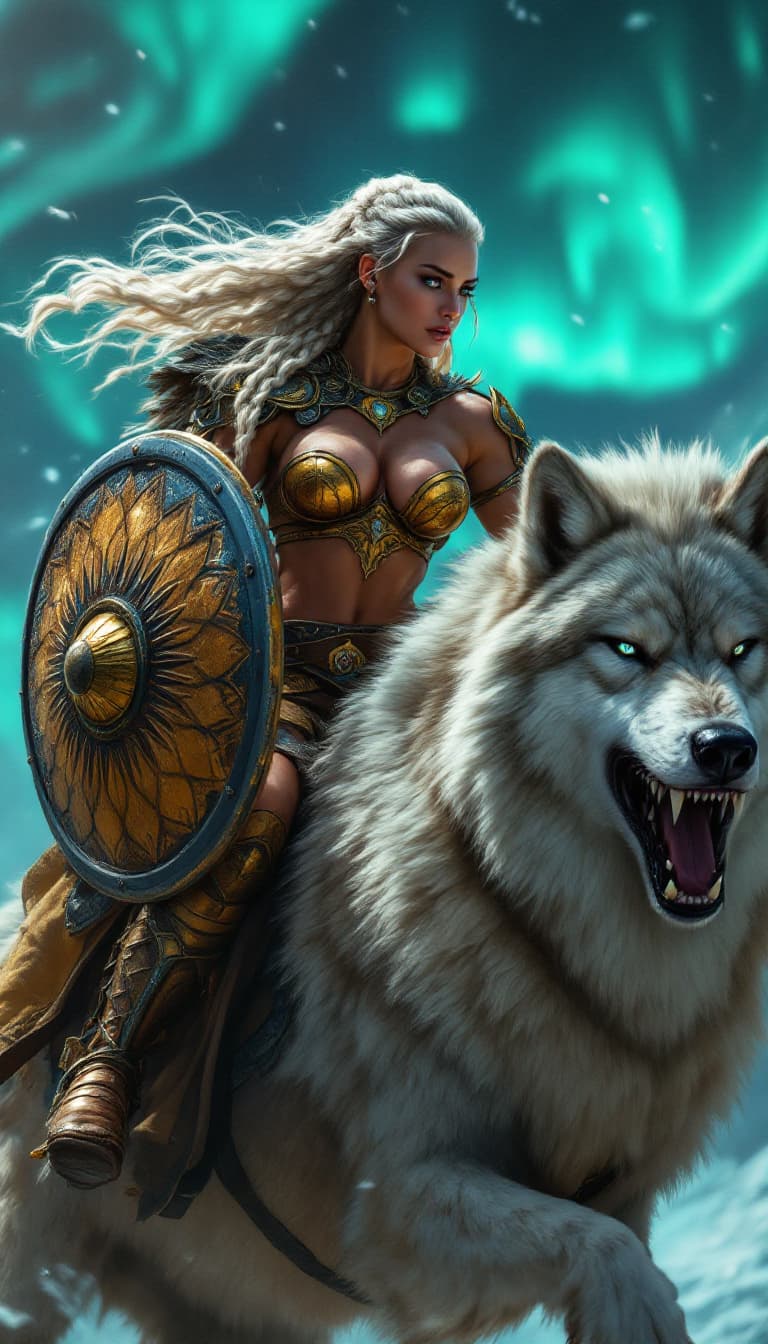 AI generated: Viking shield-maiden riding massive direwolf, ultra-muscular build with shredded six-pack abs, huge ...