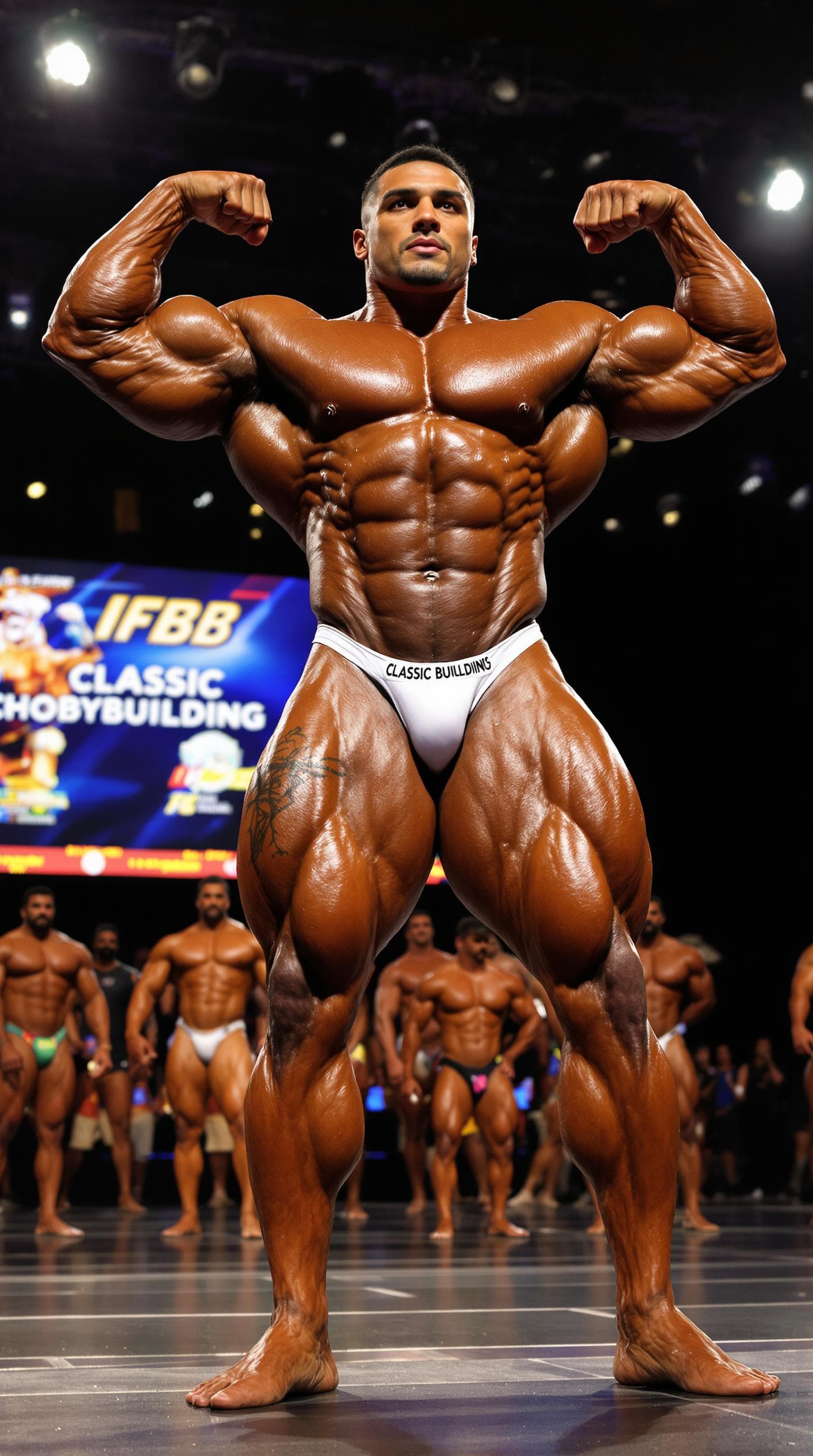 AI generated: A massive, ultra-muscular, handsome Brazilian IFBB pro bodybuilder in the heavyweight Classic Bodybu...