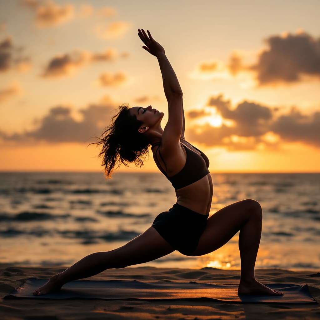 AI generated: Una persona practicando la postura del guerrero de yoga al amanecer, con una luz cálida y suave
