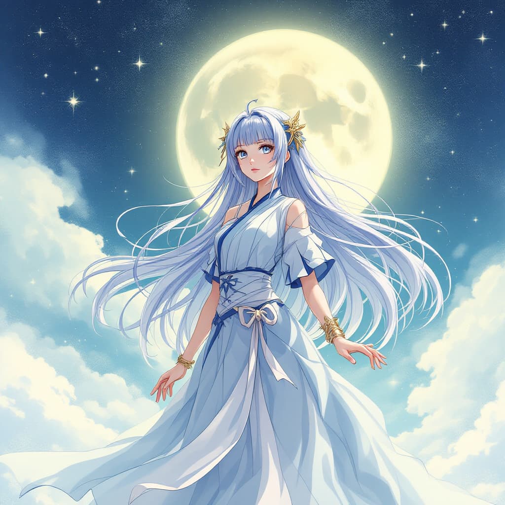 AI generated: a Japanese animated girl that is a moon god that has very long hair.


