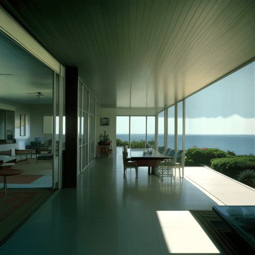AI generated: Hyper realistic eye level exterior photo of a mid century modern style house overlooking the ocean, ...