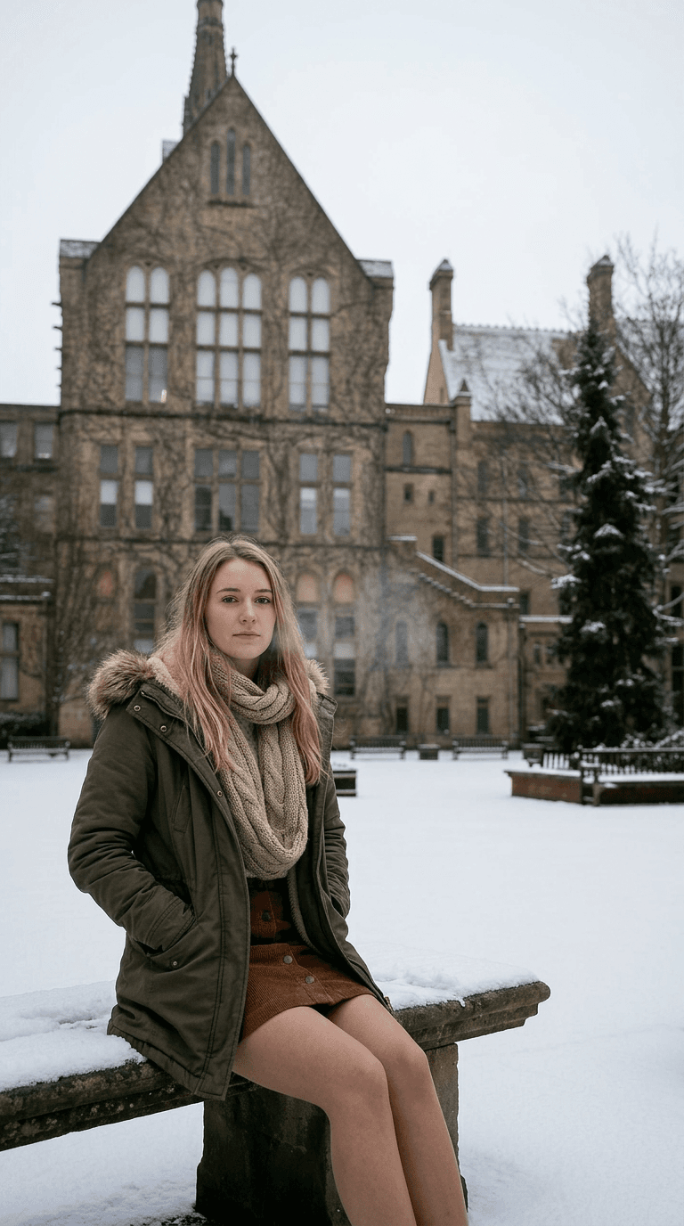 AI generated: A young woman with long blonde hair, wearing a green parka with a fur-lined hood, a beige scarf, and...