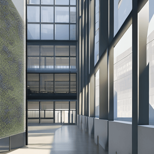 AI generated: Hyper realistic eye level exterior photo of a  modern style office space, daylight, indirect lightin...