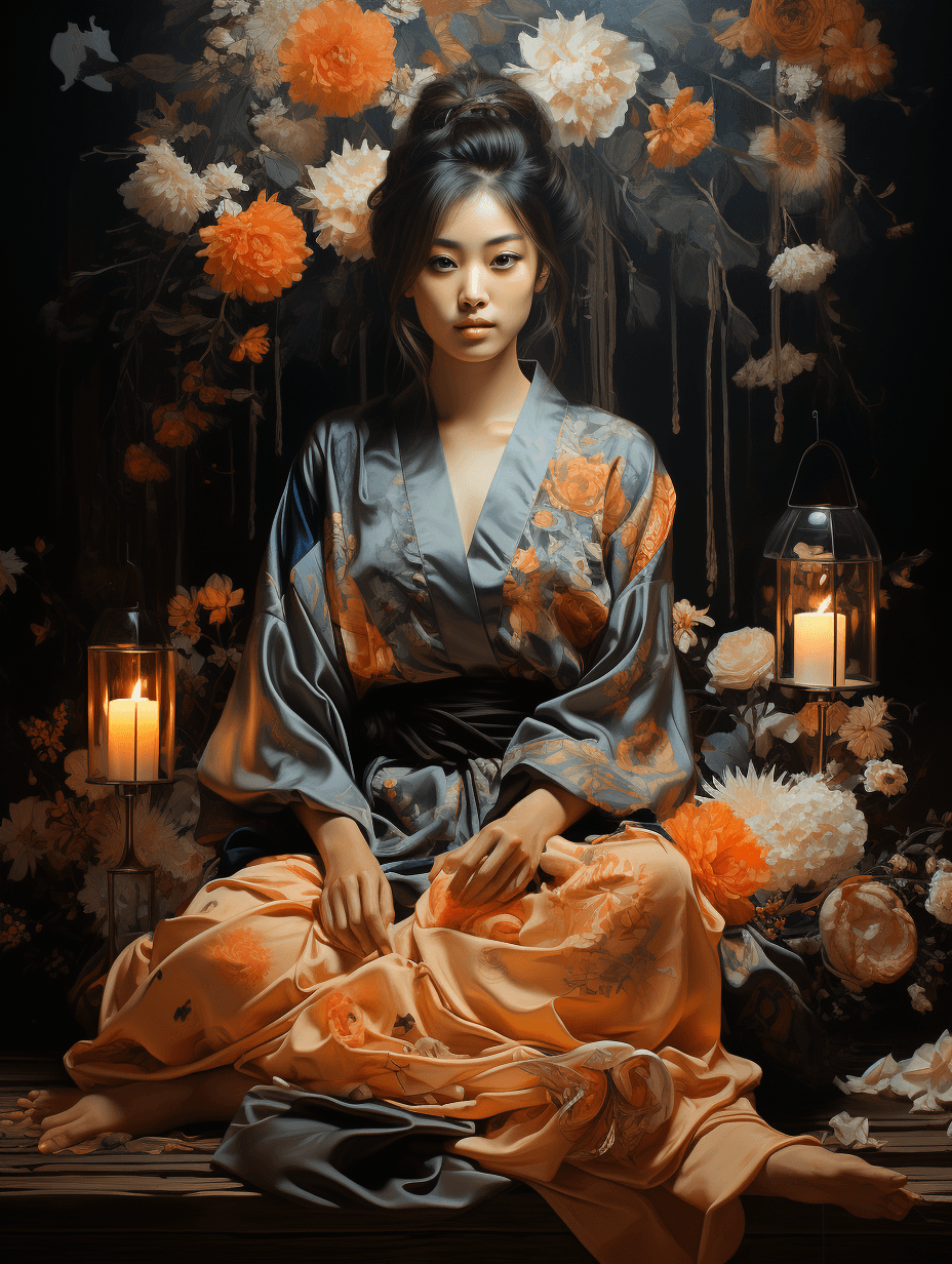 AI generated: a woman wearing kimono is sitting near two candles, in the style of ethereal portraits, chinapunk, e...