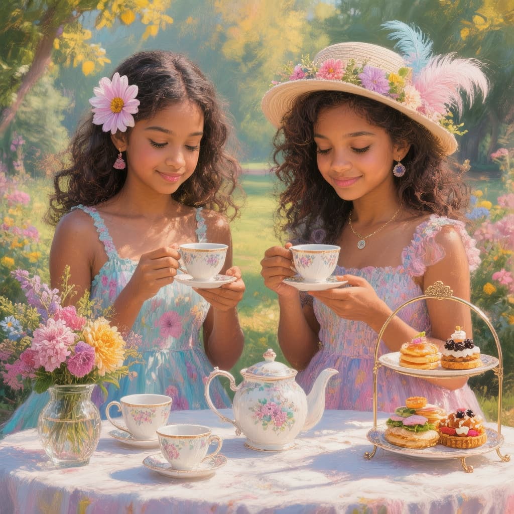 AI generated: airbrushed, painterly, vibrant colors, garden tea party, 2 brown-skinned young ladies wearing pastel...