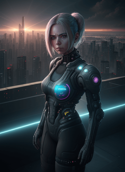 AI generated: Dystopian, High Detail RAW color Photo, Full Shot, (cute female), standing on an overlook, looking o...